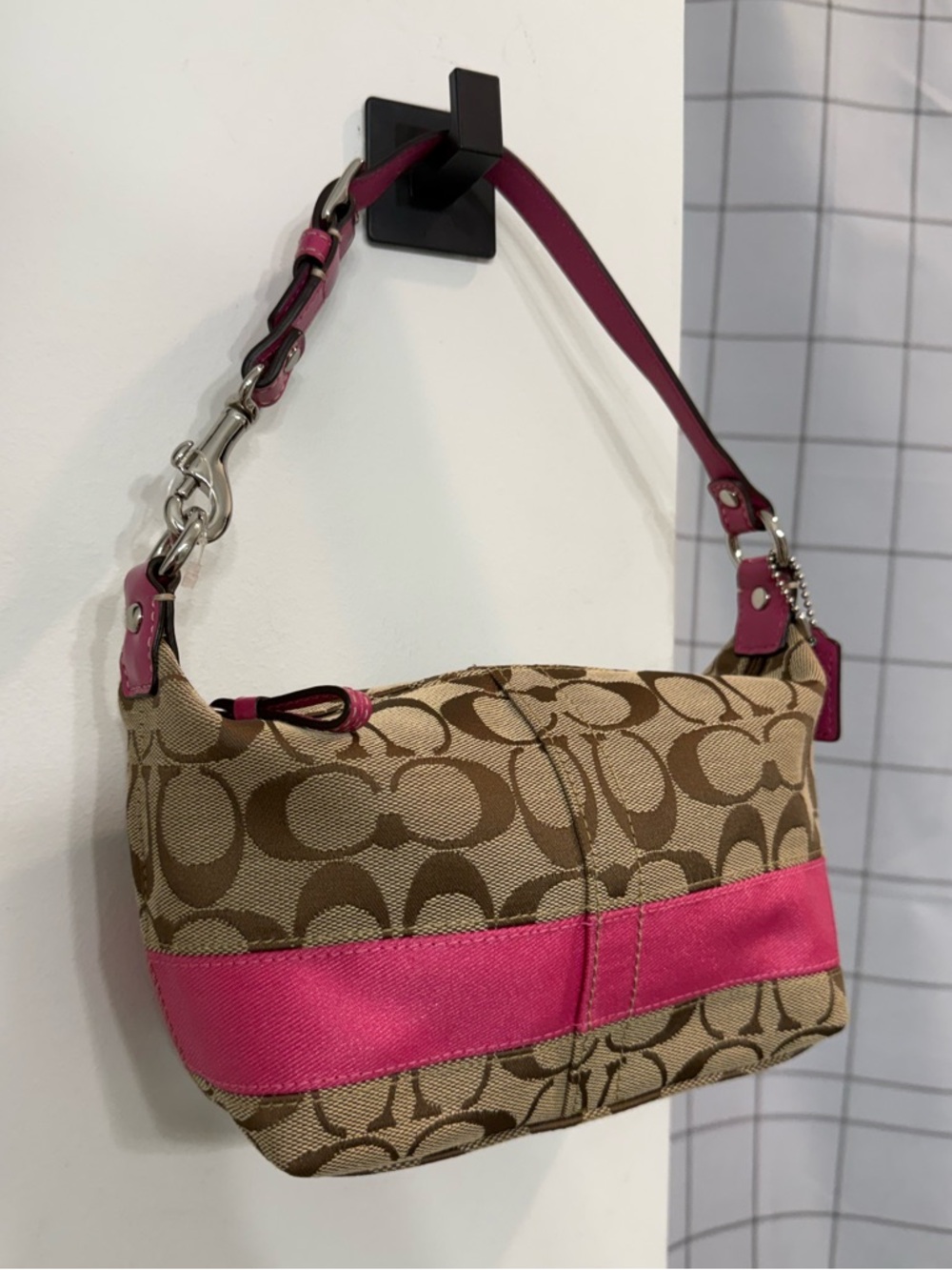 Coach Mini Signature Stripe Canvas Shoulder Bag- Pink - Picture 2 of 5